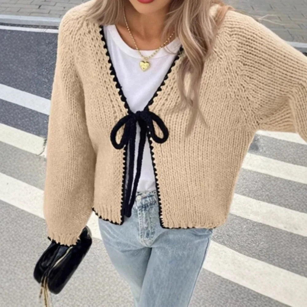 Women's Loose Fit V-Neck Knit Cardigan Sweater | Tie-Up Style Knit Cardigan Sweater PLUSH Khaki One Size