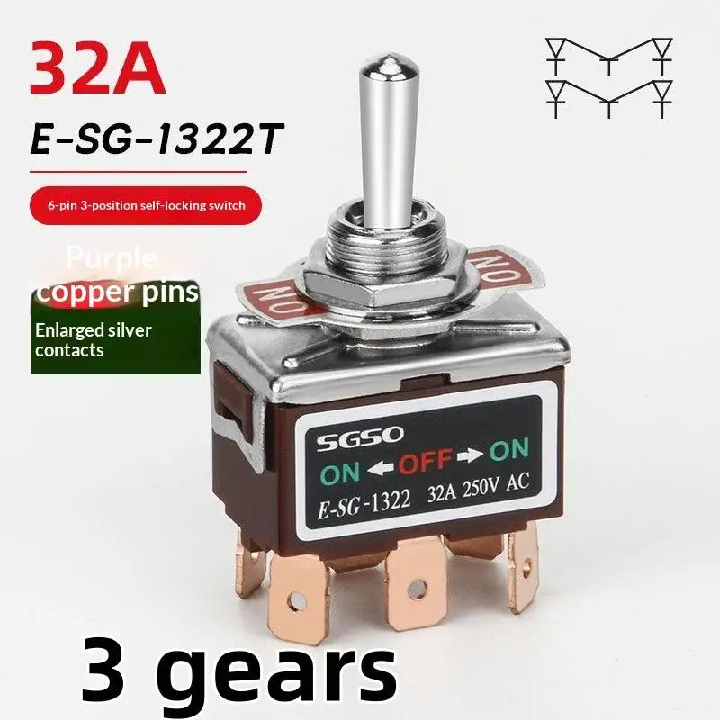 32A 250VAC Rocker Toggle Switch 2/3/4/6 Pin Brass Screw Rocker Toggle Switch PLUSH 1322T 6Pin