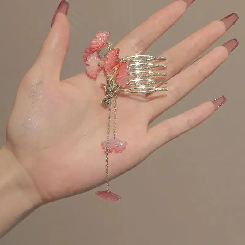 Vintage Fan Tassel Insert Comb Clip – Elegant Hair Pin Tassel Hair Clip PLUSH pink gingkgo