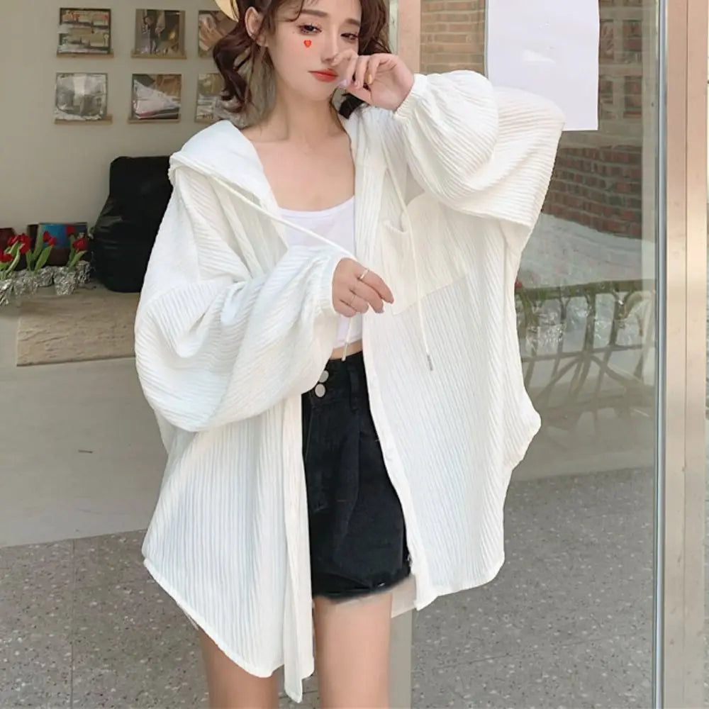Women's Loose Hooded Sun Protection Top – Ice Silk Long Sleeve Hooded Sun Shirt PLUSH