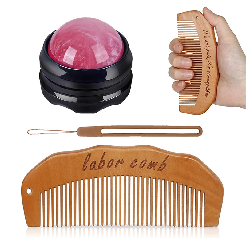 Wooden Labor Comb & Massage Roller Ball Kit | 1/2/3pcs Labor Wellness Kit PLUSH 3pcs