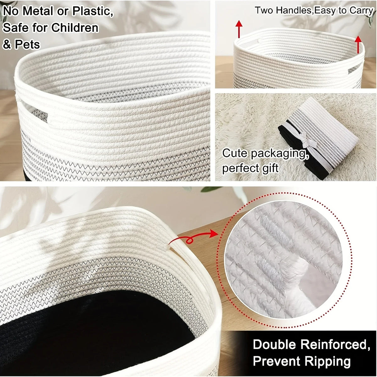 Woven Cotton Rope Storage Basket with Handles – Rectangular Woven Storage Basket PLUSH