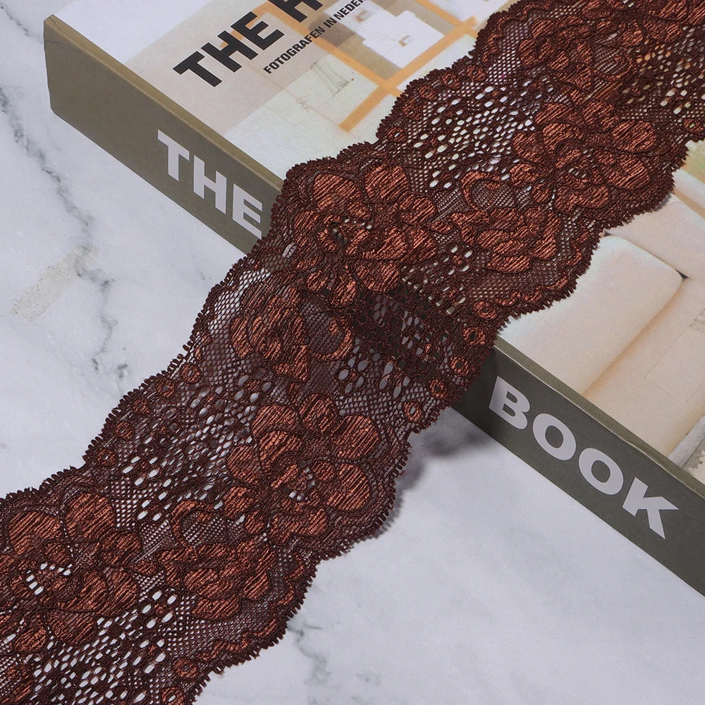 2 Yards 8cm Elastic Floral Lace Trim – DIY Sewing & Hairband Elastic Lace Trim PLUSH Dark Brown 8cm 2yards
