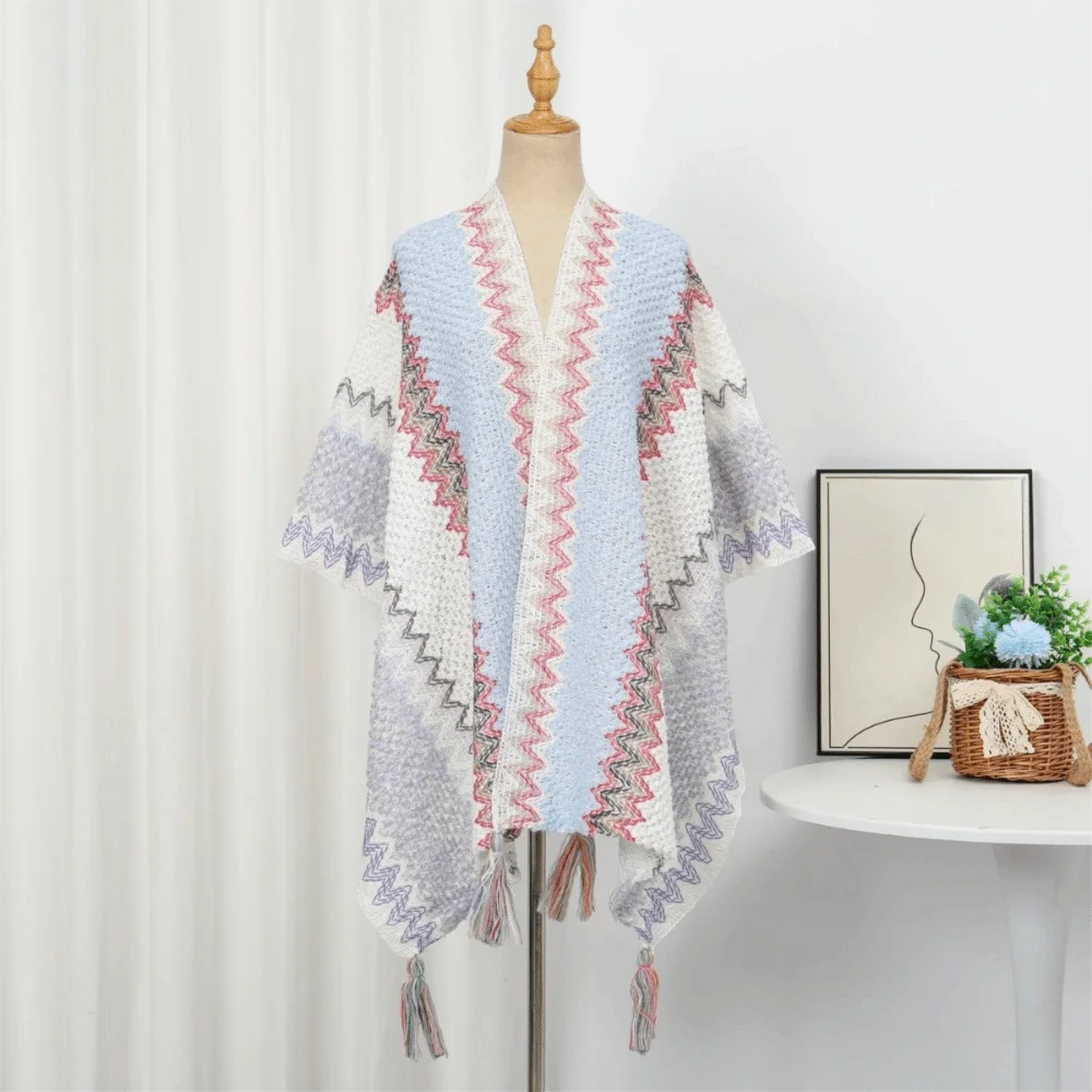 Women's Bohemian Knit Tassel Poncho Shawl – Ethnic Cape Wrap Knit Poncho Cape PLUSH Style 12