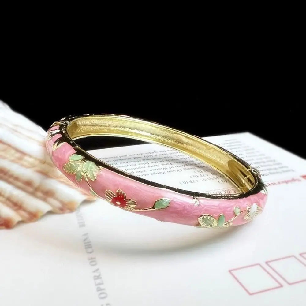 Chinese Cloisonne Enamel Peony Filigree Double Bangle Bracelet Enamel Bangle Bracelet PLUSH pink