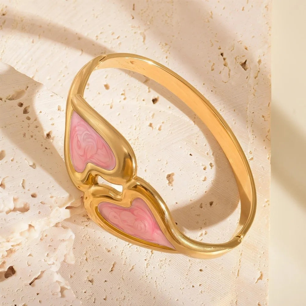 Heart Shape Enamel Bangle Bracelet – Cloisonné Flower Design Enamel Bangle Bracelet PLUSH Pink