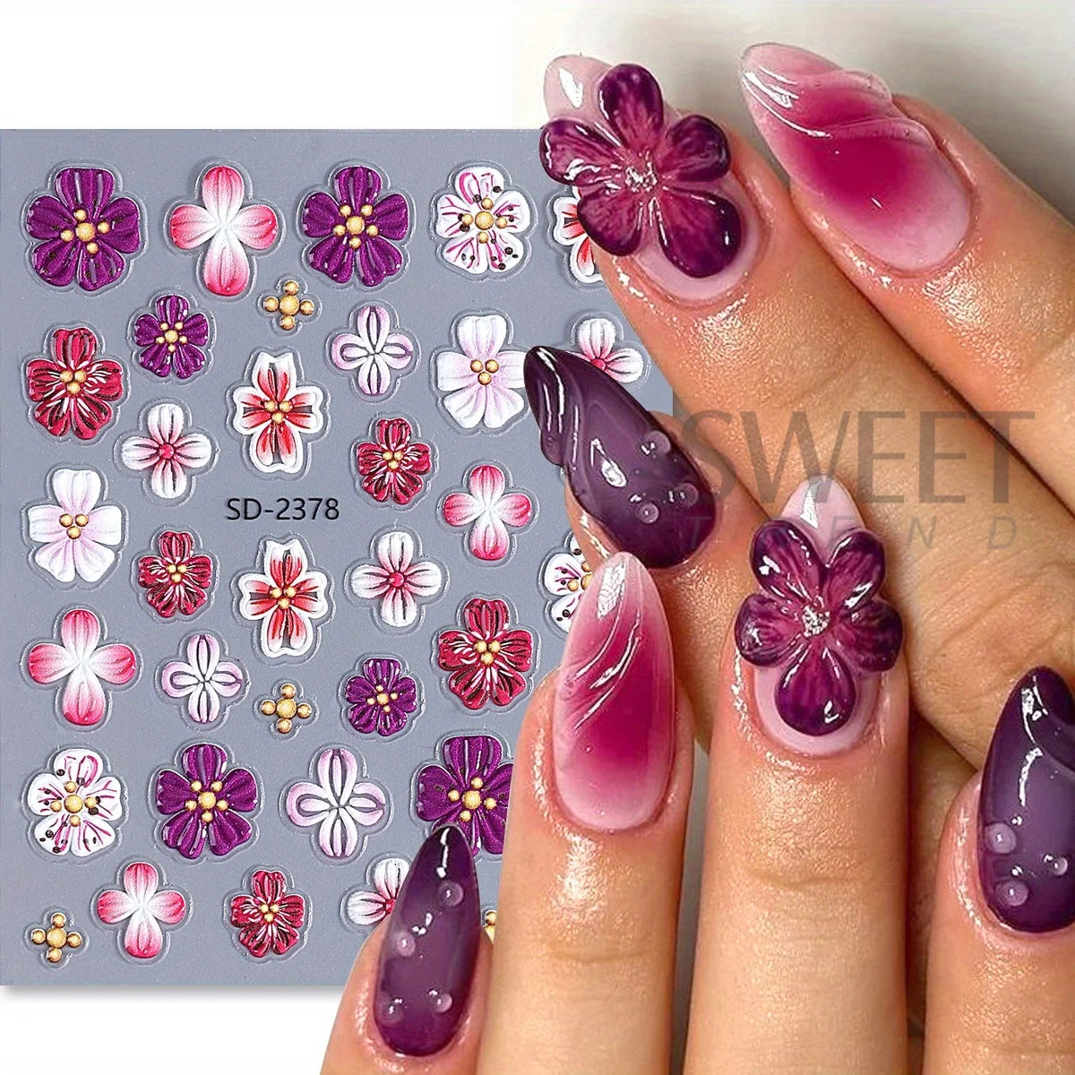 3D Hibiscus Floral Matte Nail Stickers Gradient Purple Pink – 2pcs Nail Art Stickers PLUSH