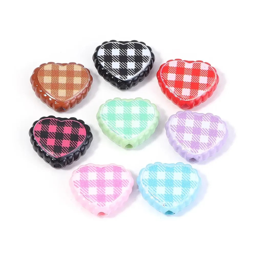 6pcs Plaid Heart Acrylic Spacer Beads – Colorful DIY Jewelry Acrylic Spacer Beads PLUSH 16x18mm