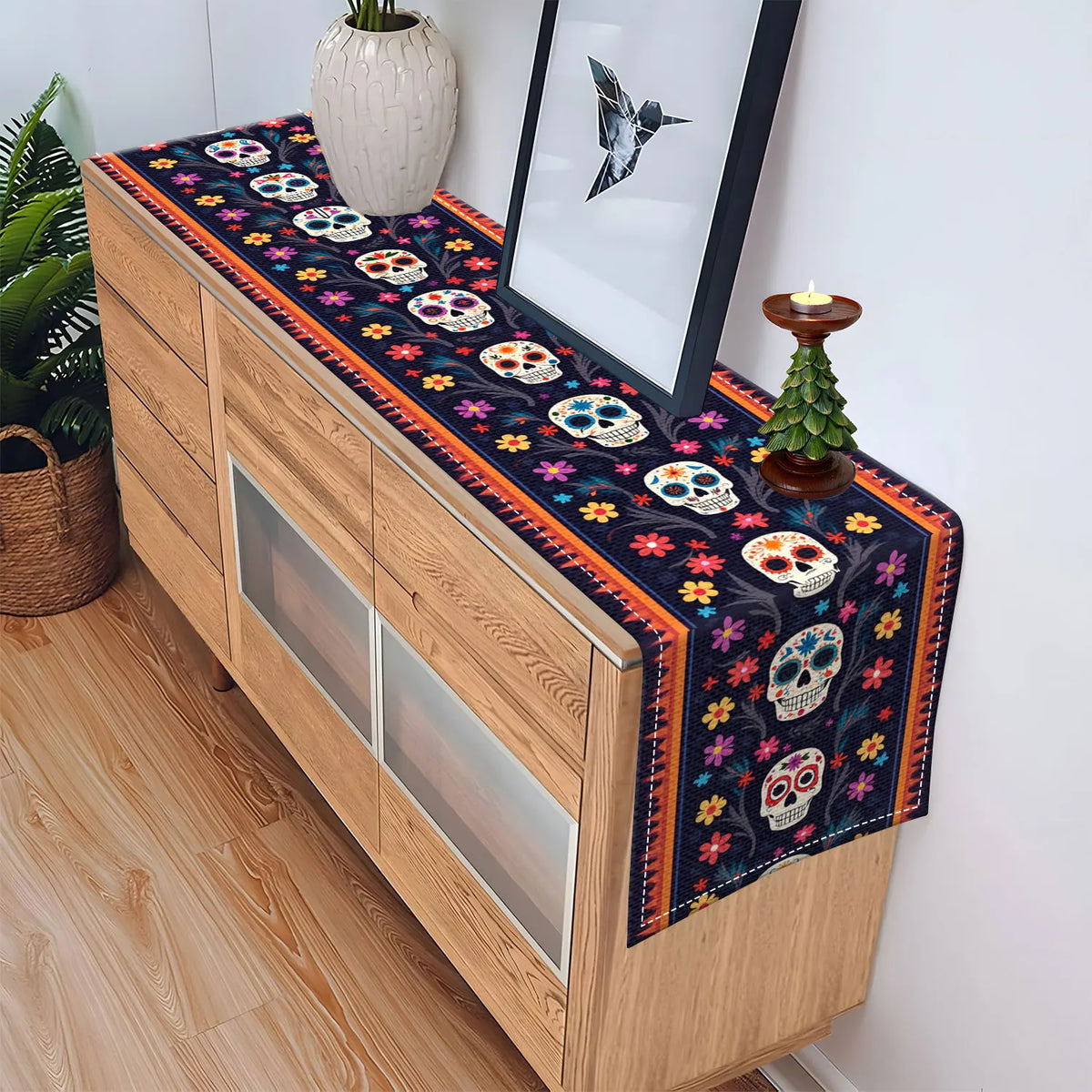 Day of the Dead Table Runner – Skull & Floral Pattern Table Runner PLUSH