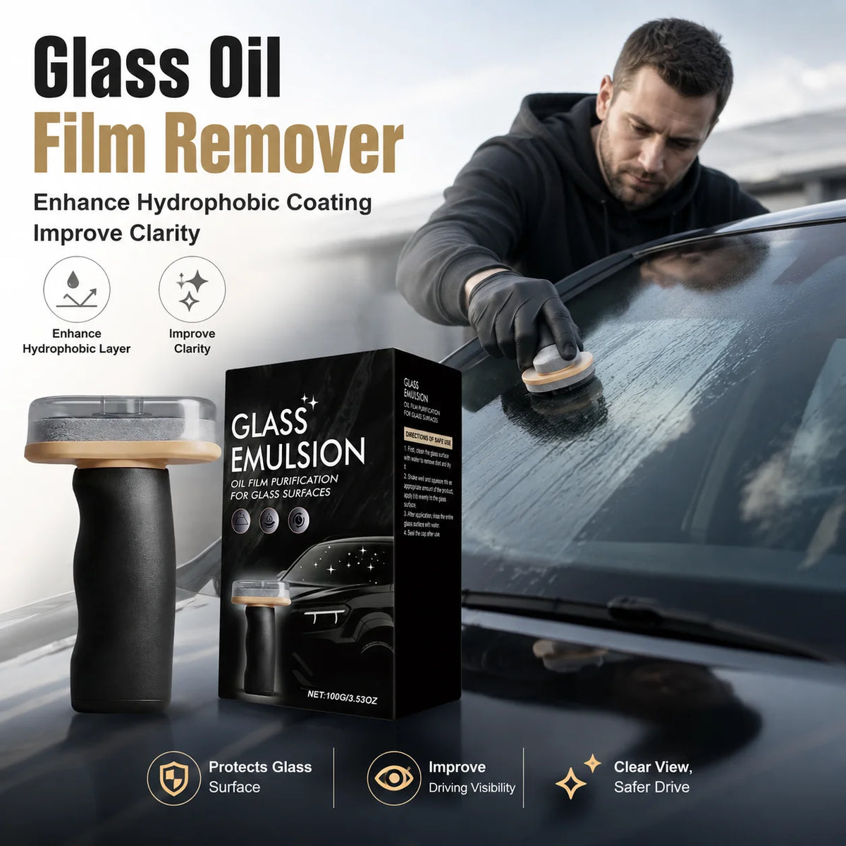 Car Windshield Glass Oil Film Remover with Brush – 100g Auto Glass Cleaner PLUSH