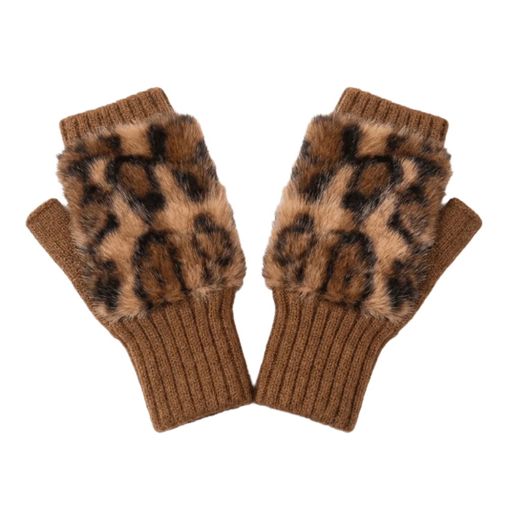 Women's Leopard Fingerless Gloves – Soft Plush Knit Half-Finger Fingerless Knit Gloves PLUSH Camel