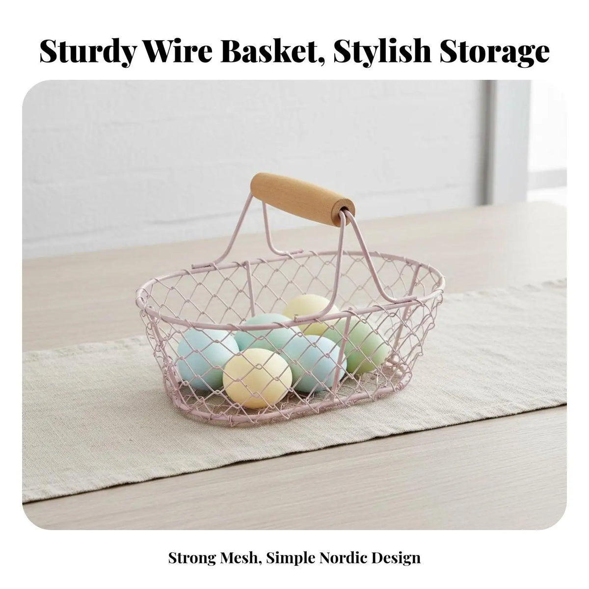 Farmhouse Easter Egg Basket – Metal Wire & Wooden Handle Wire Storage Basket PLUSH