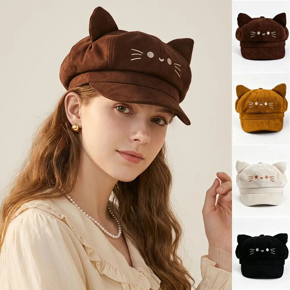 Embroidered Cat Ears Beret – Y2K Lolita Painter Hat Embroidered Beret Hat PLUSH