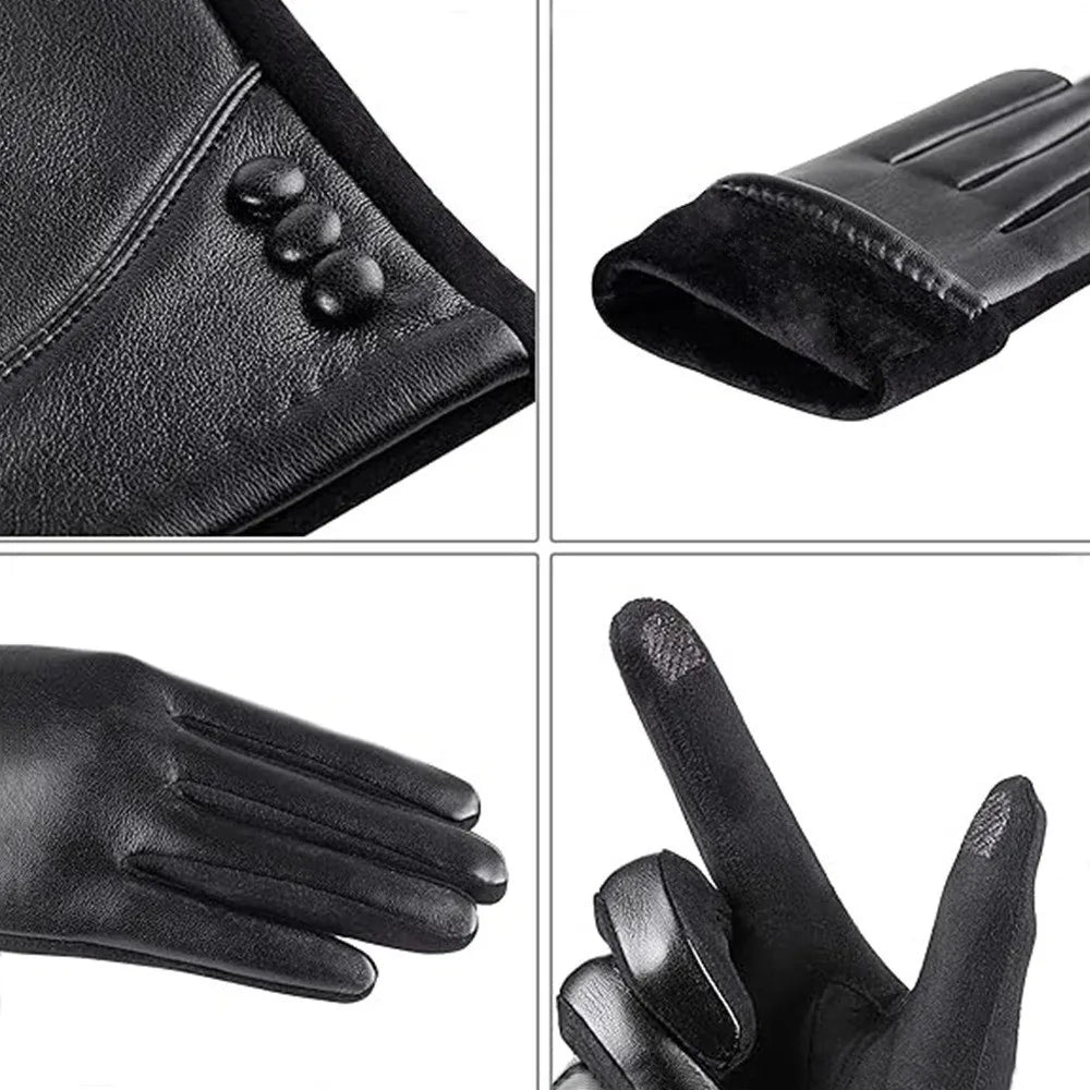 Women's PU Leather Touch Screen Gloves – Warm Cycling Mittens Leather Winter Gloves PLUSH