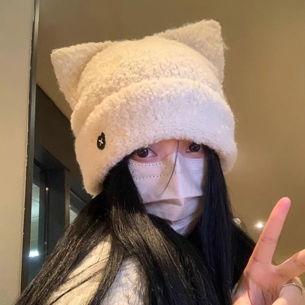 Fluffy Cat Ear Beanie Hat – Soft Plush Knit Winter Cap Plush Beanie Hat PLUSH Beige