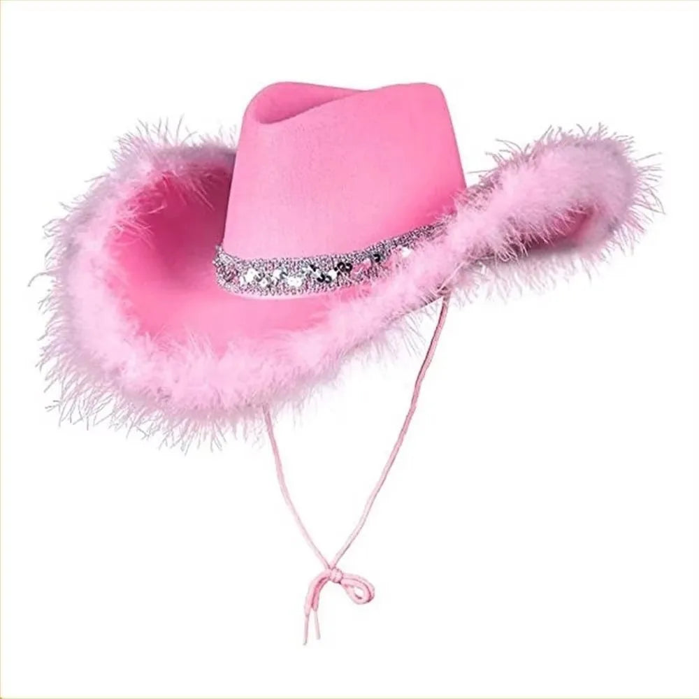 Wide Brim Sequin Cowgirl Hat – Furry Trim Western Style Western Cowgirl Hat PLUSH Style B Pink