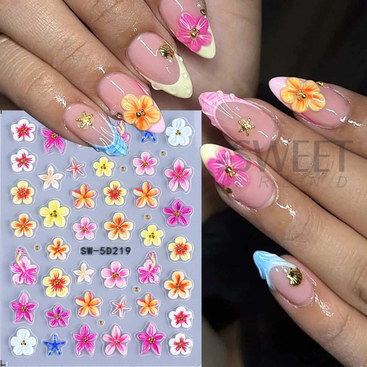 5D Embossed Nail Stickers – Tropical Flowers & Starfish Decals Nail Art Stickers PLUSH