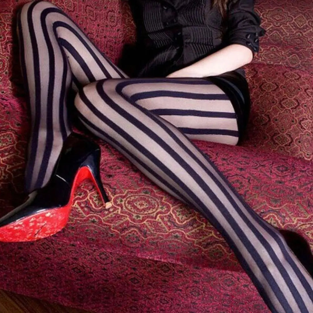 Gothic Punk Vertical Stripe Black Tights Pantyhose – Women Gothic Stripe Tights PLUSH