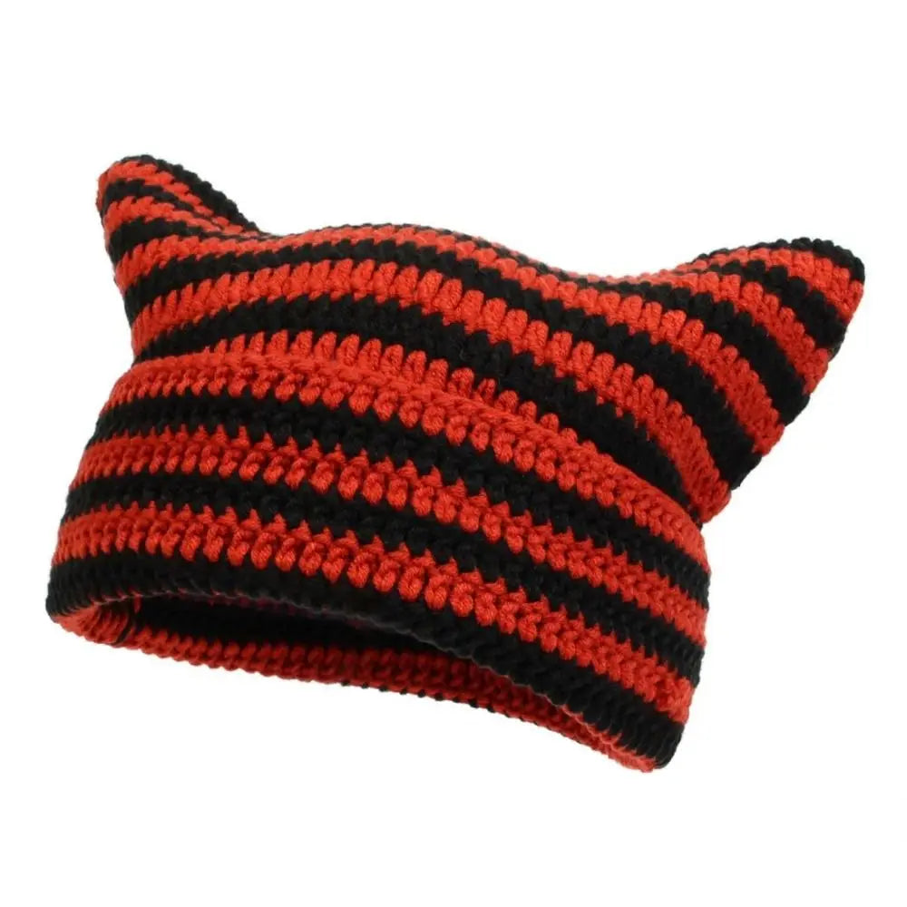Y2K Cat Ears Beanie Hat – Striped Knit Crochet Pullover Knit Beanie Hat PLUSH