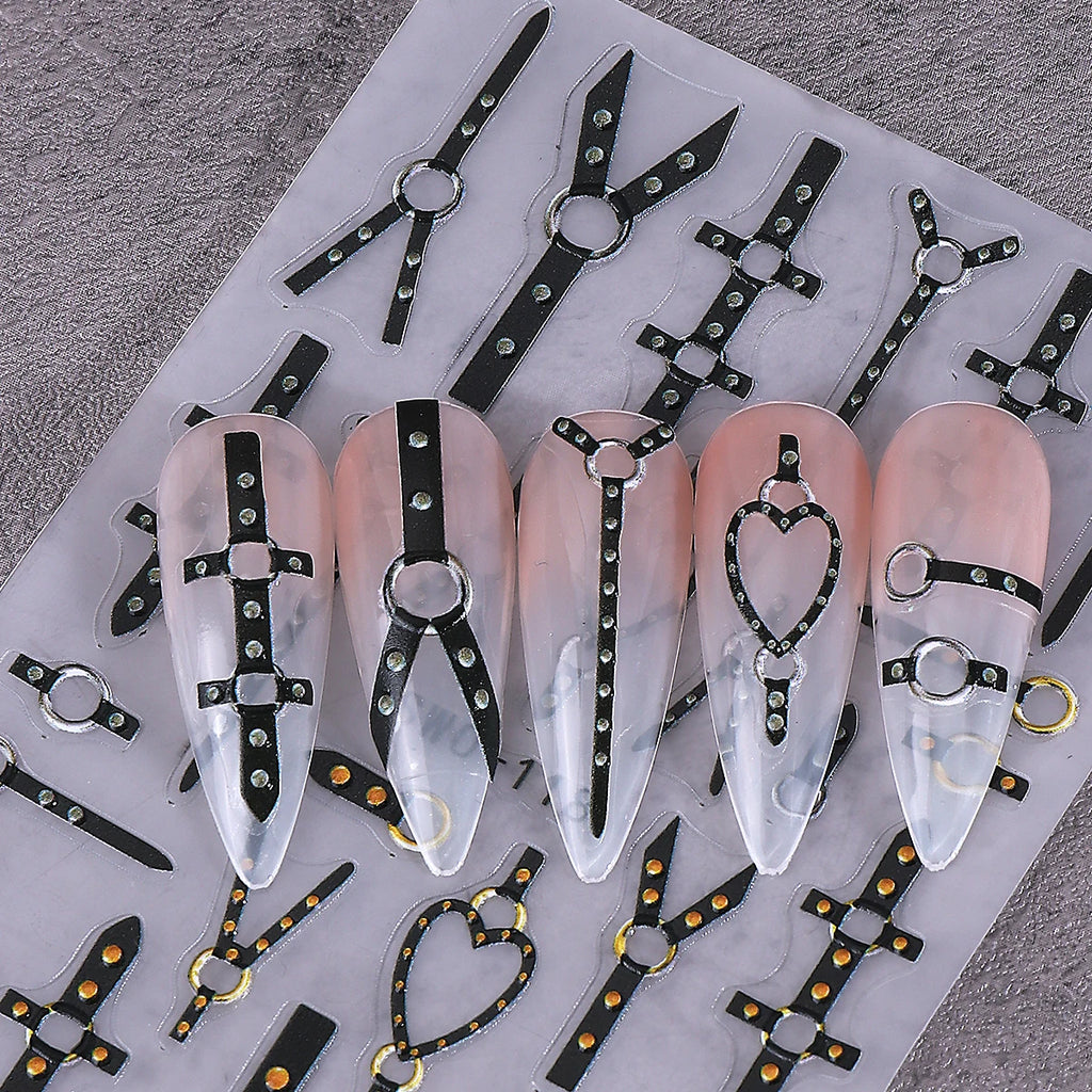 3D Matte Black Punk Belt Nail Stickers Gold Silver Decals 2pcs Nail Art Stickers PLUSH