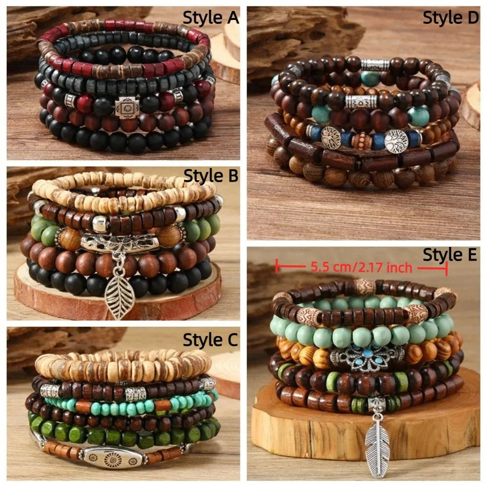 Boho Wooden Bead Bracelet Set – Handmade Stretch Multi-Layer Beaded Bracelet Set PLUSH