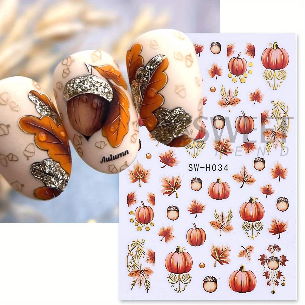 Glitter Autumn Nail Stickers – Pumpkin & Maple Leaves 2 Sheets Nail Art Stickers PLUSH