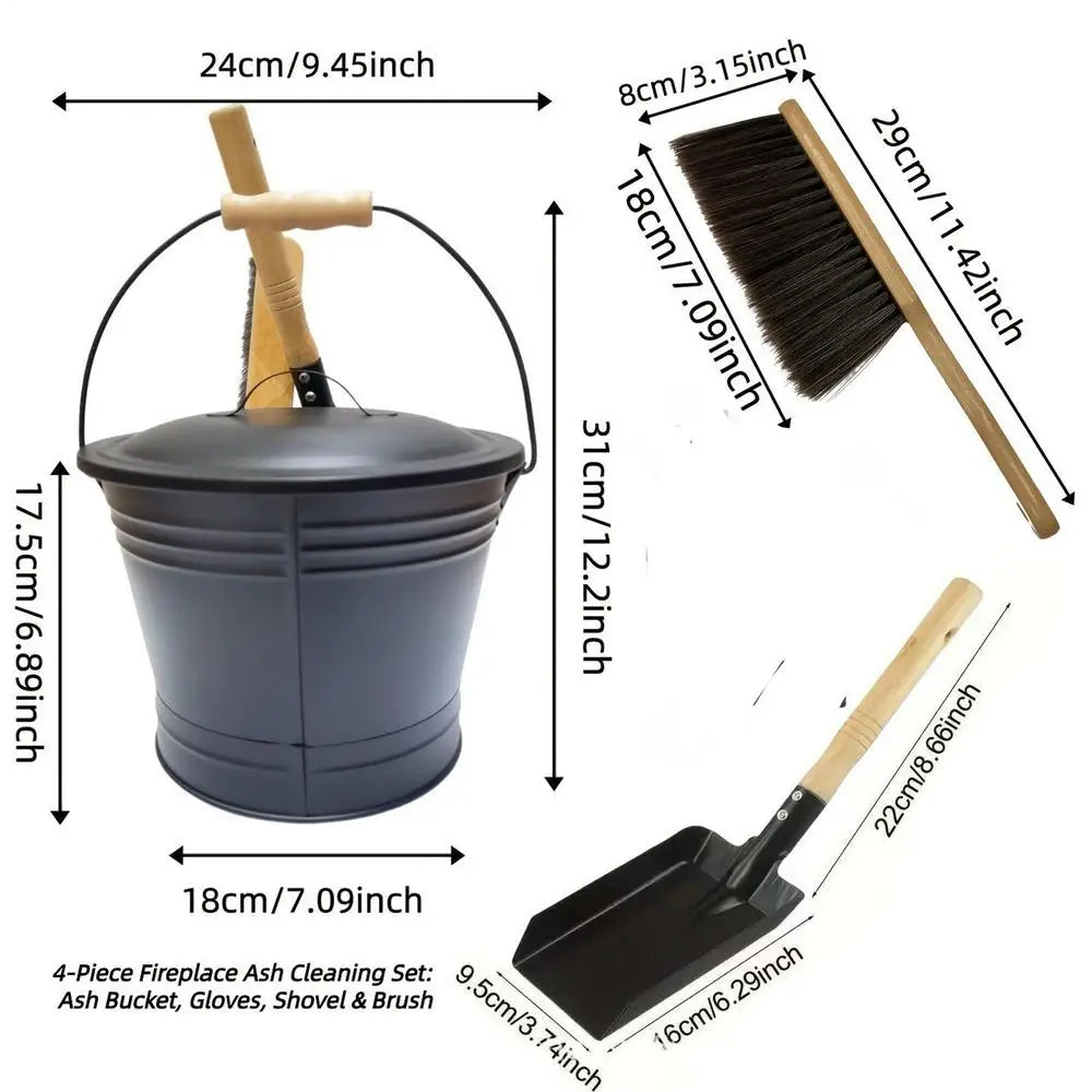 Metal Fireplace Ash Bucket Set with Lid, Shovel & Broom Fireplace Ash Bucket PLUSH Set