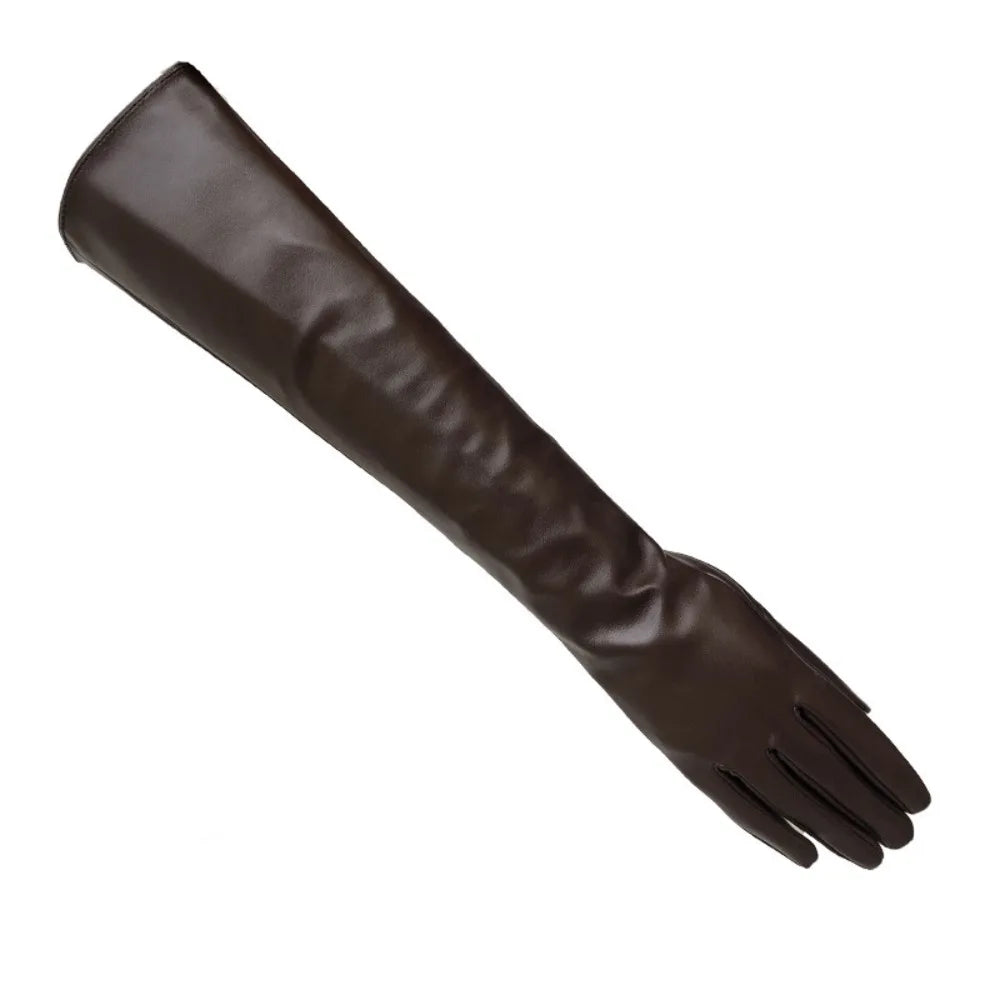 Women's PU Leather Elbow Gloves – 1920s Long Touch Screen Style Long Fashion Gloves PLUSH Light Coffee