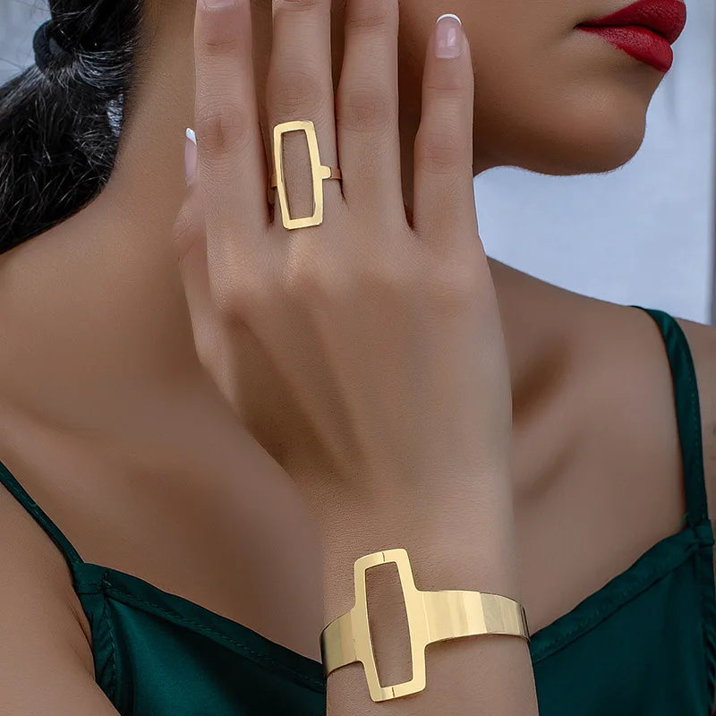 Geometric Hollowed Square Stainless Steel Ring & Bracelet Set Jewelry Set PLUSH