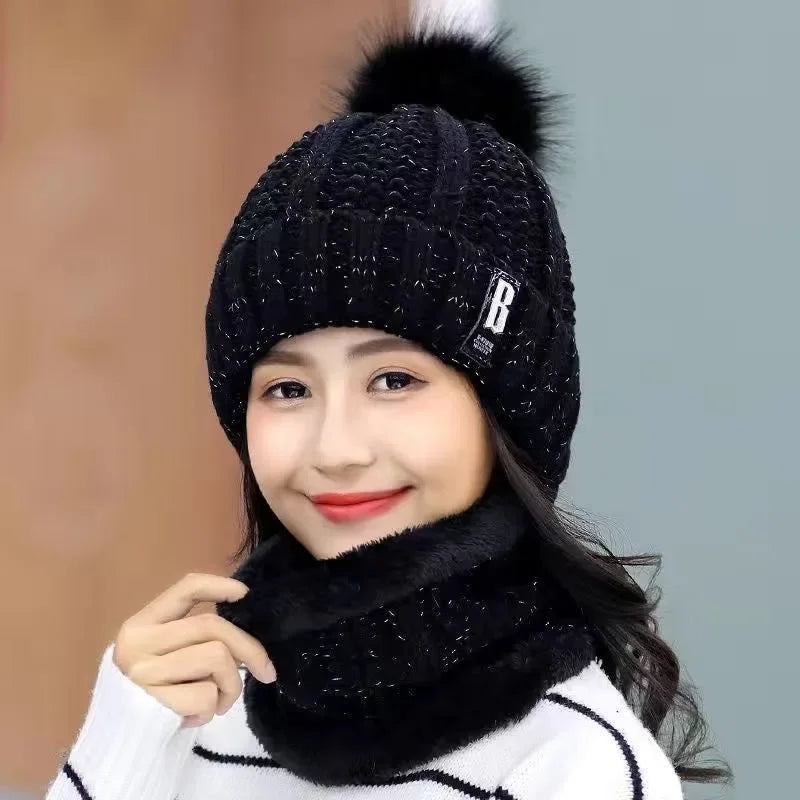 Women's Winter Knit Hat & Scarf Set – Padded Ear Protection Winter Hat Scarf Set PLUSH Black 5PCS