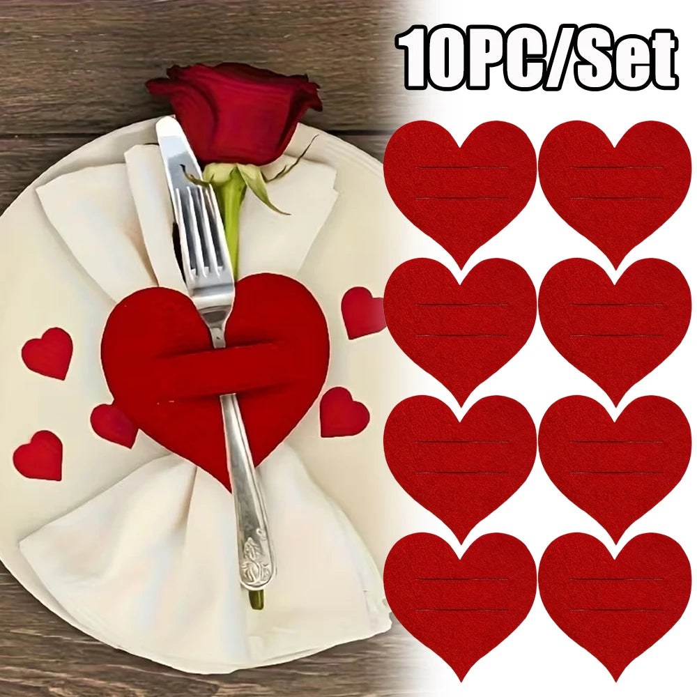 Heart Shaped Felt Flatware Holders – Red Valentine Table Decor Flatware Holders PLUSH