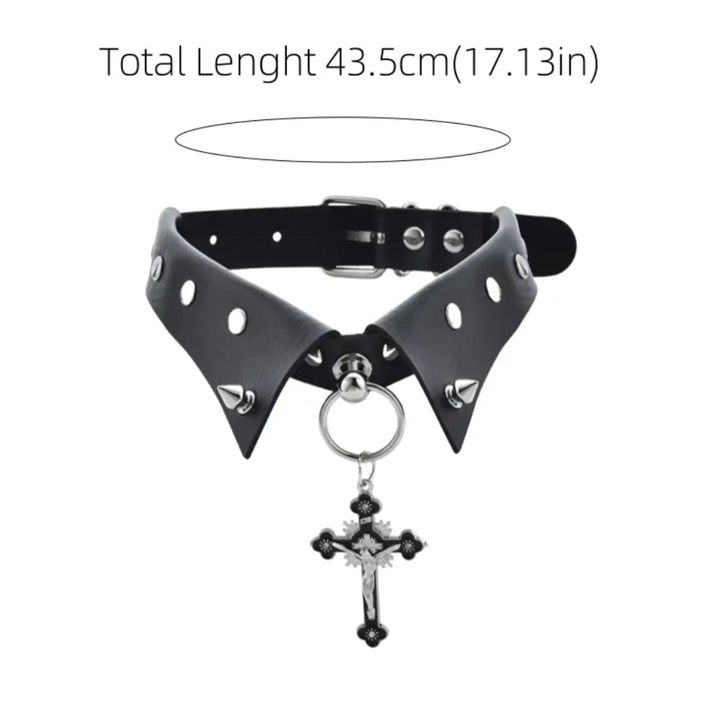PU Leather Gothic Punk Studded Choker – Cross Pendant Necklace Gothic Choker Necklace PLUSH