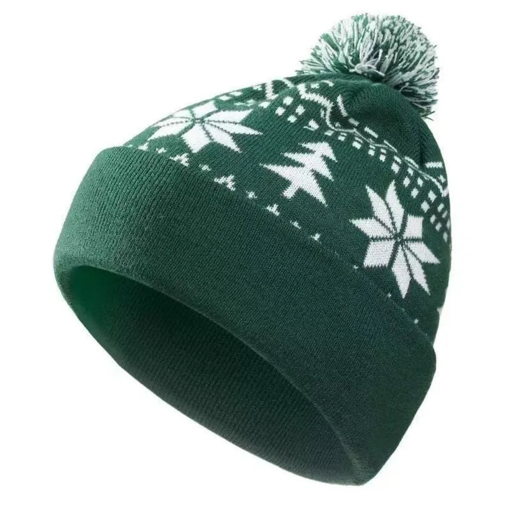Christmas Snowflake Knitted Beanie Hat – Festive Jacquard Knitted Beanie Hat PLUSH Green