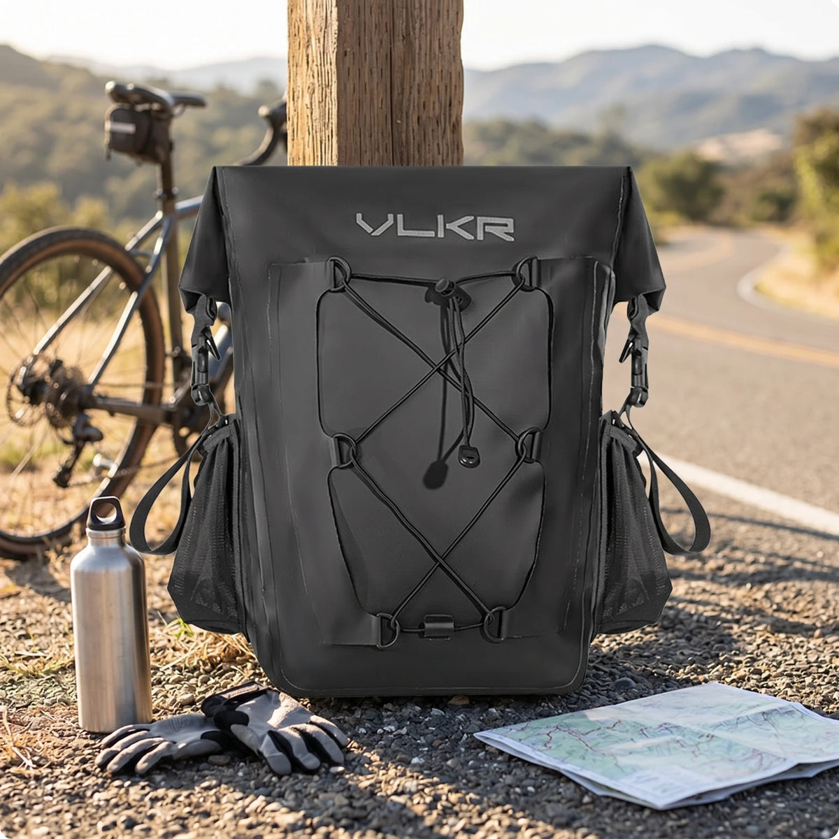 Waterproof Bike Pannier Rear Rack Bag with Side Pockets Bike Pannier Bag PLUSH Black