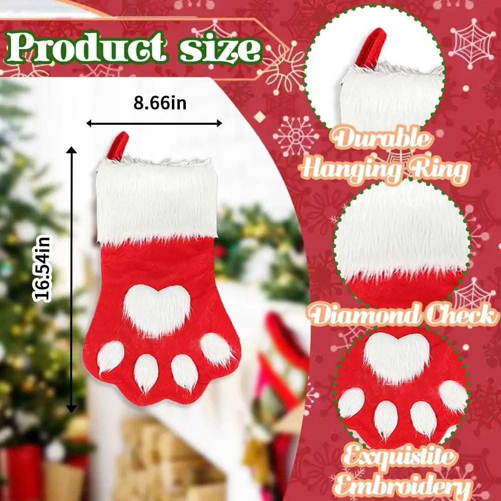 Dog Paw Christmas Stockings – Fuzzy Red Velvet Holiday Set Christmas Stocking Set PLUSH