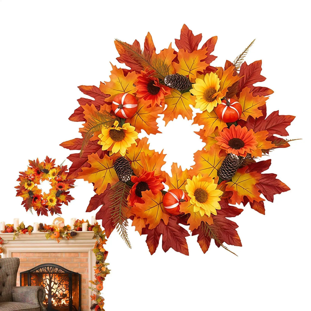 56cm Fall Harvest Pumpkin Maple Leaf Wreath | Autumn Door Decor Seasonal Door Wreath PLUSH