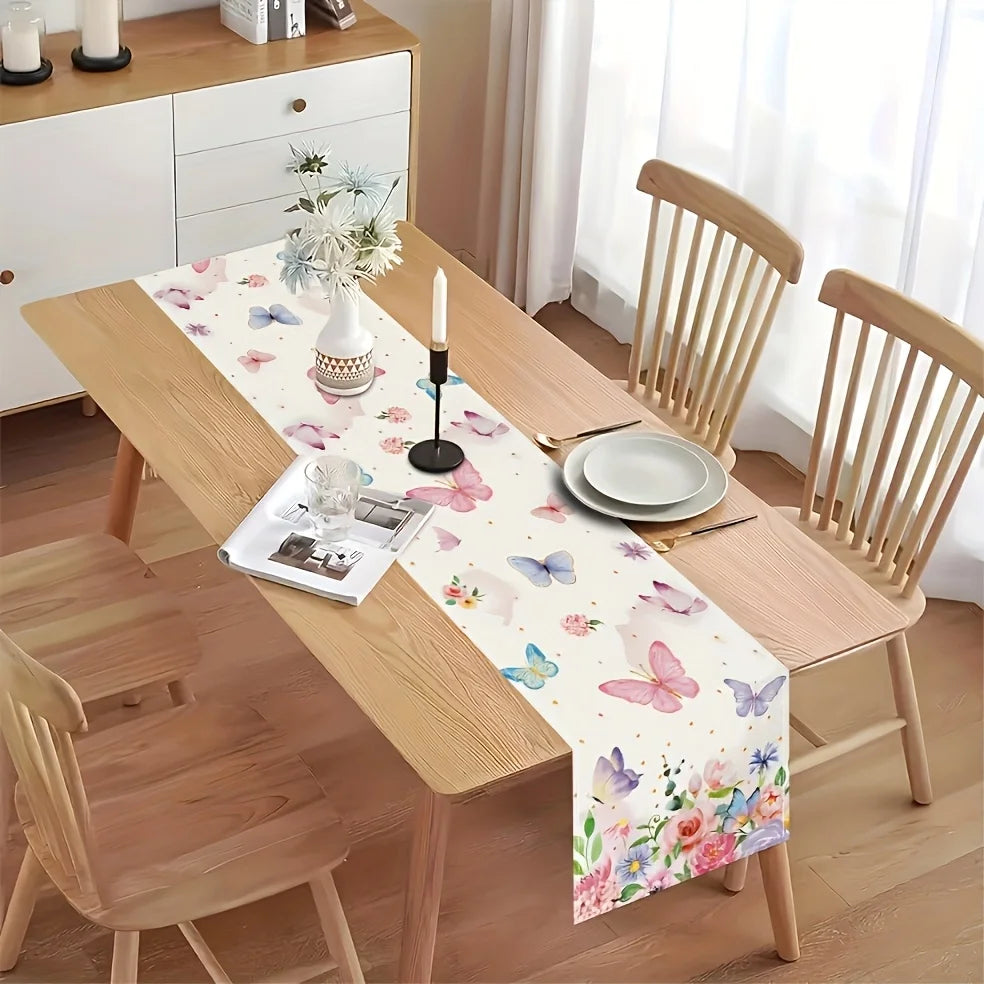 Spring Butterfly Floral Table Runner – Watercolor & Gold Dots Decorative Table Runner PLUSH