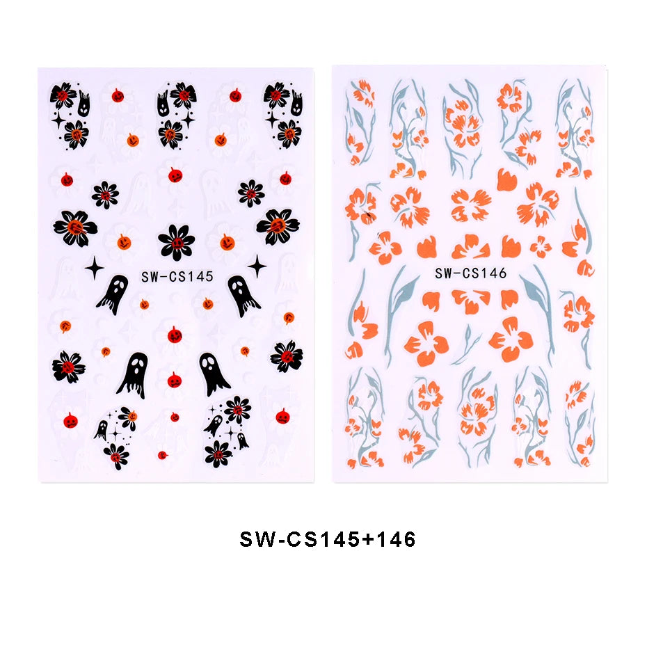 3D Halloween Nail Decals – Skull & Gothic Vine Stickers 2pcs Nail Art Decals PLUSH SW-CS145 146