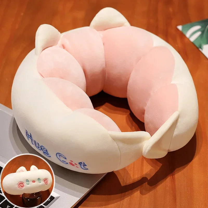 Cute Cat U-Shaped Travel Neck Pillow – Crystal Velvet Cartoon Travel Neck Pillow PLUSH White Bell Cat