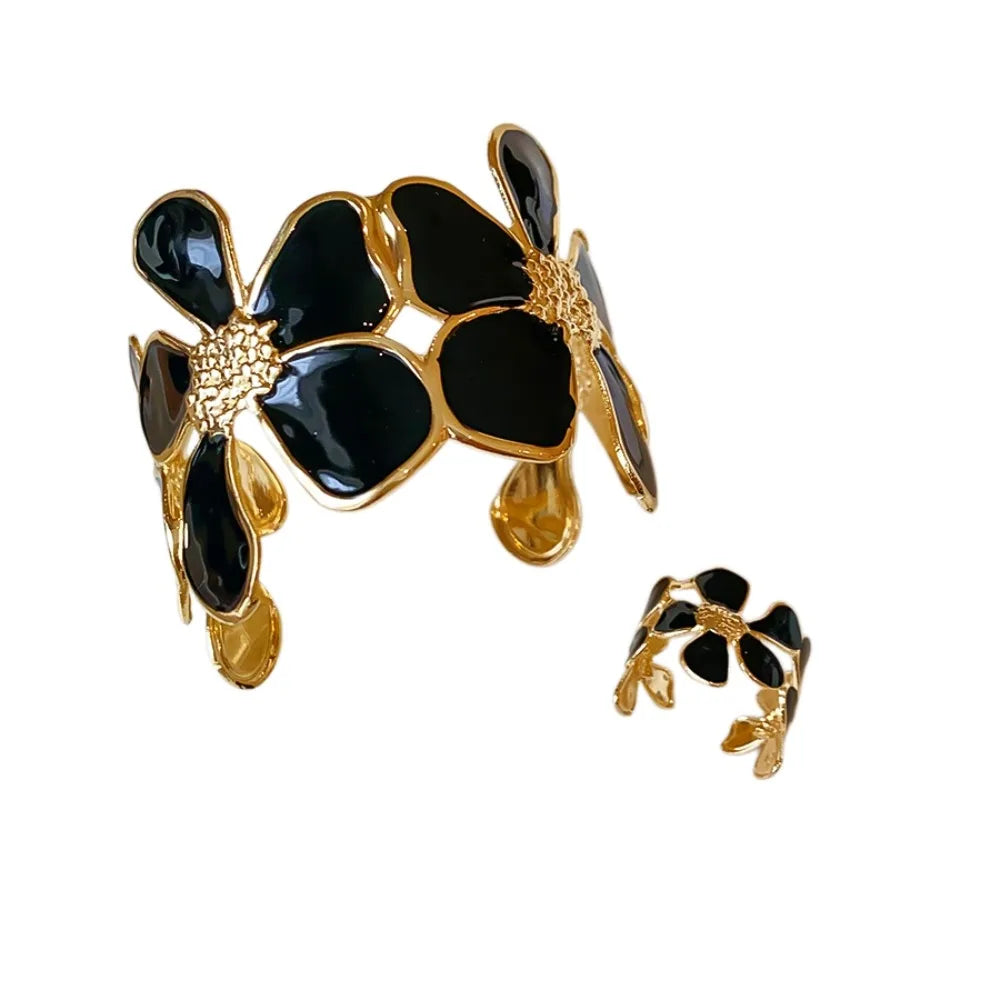Floral Open Bangle & Ring Set – Vintage Women's Jewelry Jewelry Set PLUSH Black