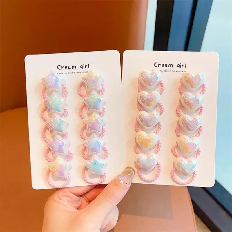Cartoon Hearts & Stars Hair Ties for Girls – 10pcs Set Kids Hair Ties PLUSH