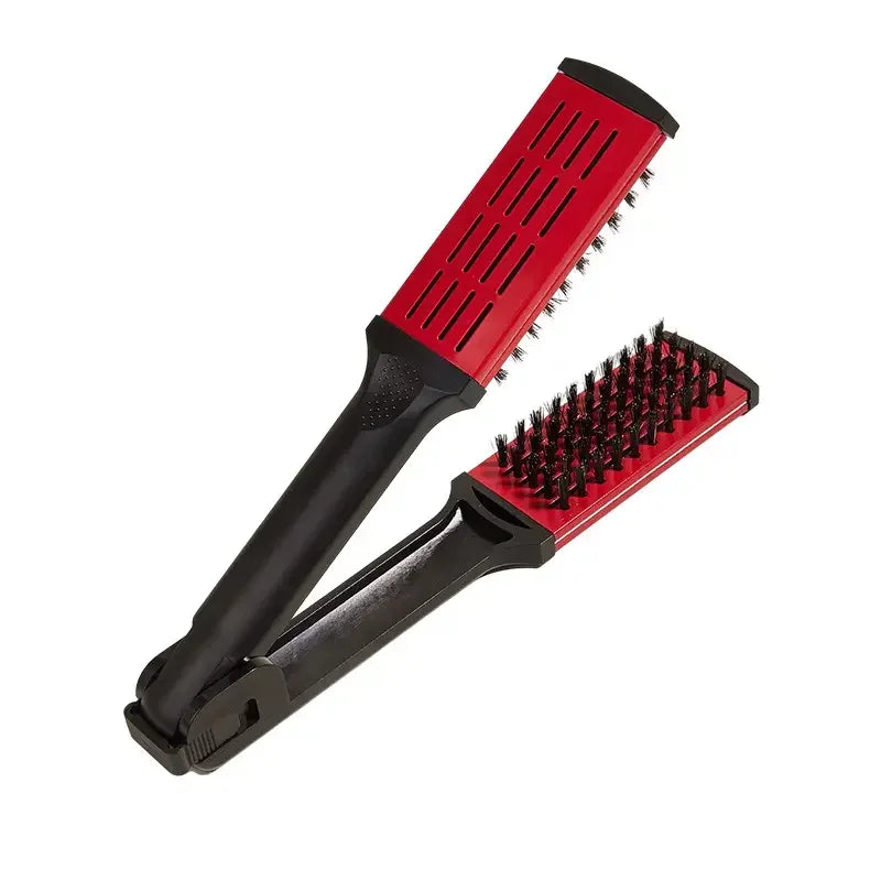 V-Shape Splint Hair Straightener Comb – Double Sided Brush Hair Styling Comb PLUSH Red-2pcs