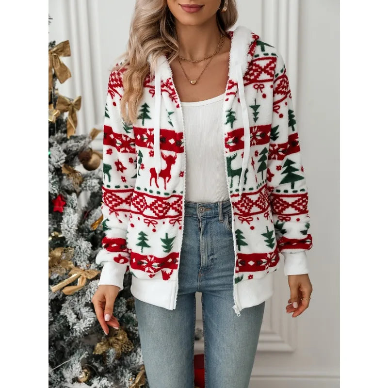 Women's Christmas Plush Lined Hooded Jacket – Reindeer Snowflake Hooded Winter Jacket PLUSH