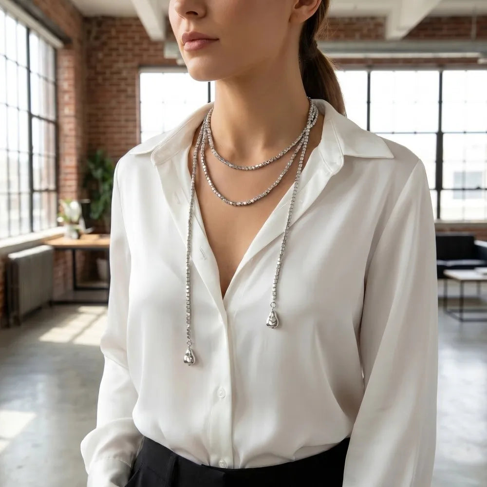Geometric Square Bead Layered Collarbone Necklace | Gold Silver Layered Pendant Necklace PLUSH