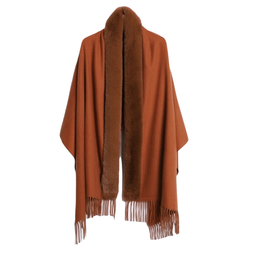 Women's Oversized Faux Fur Collar Shawl Wrap Cape Poncho Faux Fur Shawl Wrap PLUSH Caramel