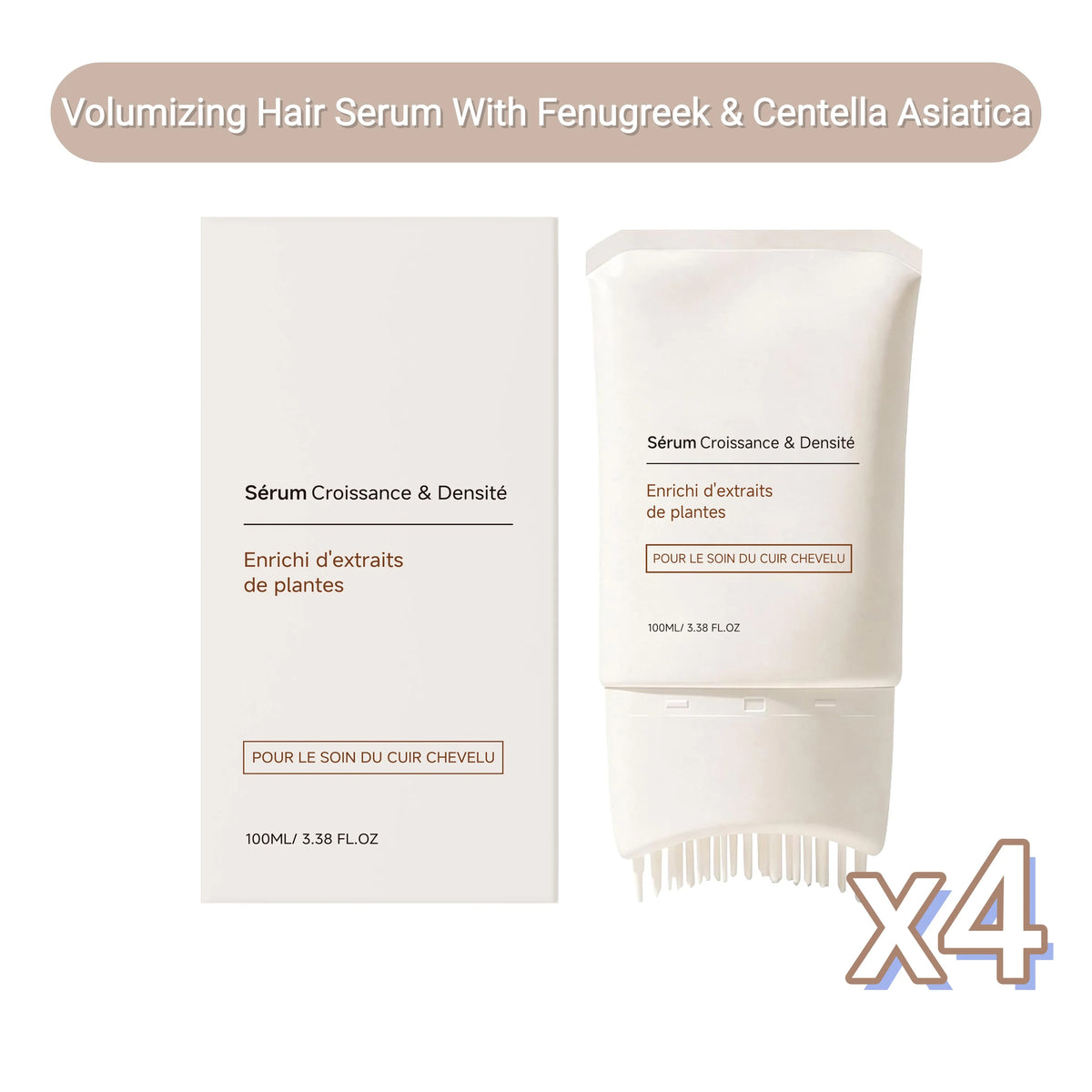 Volumizing Hair Serum – Fenugreek & Centella Asiatica + Brush Scalp Hair Serum PLUSH 100ml Boxed x 4