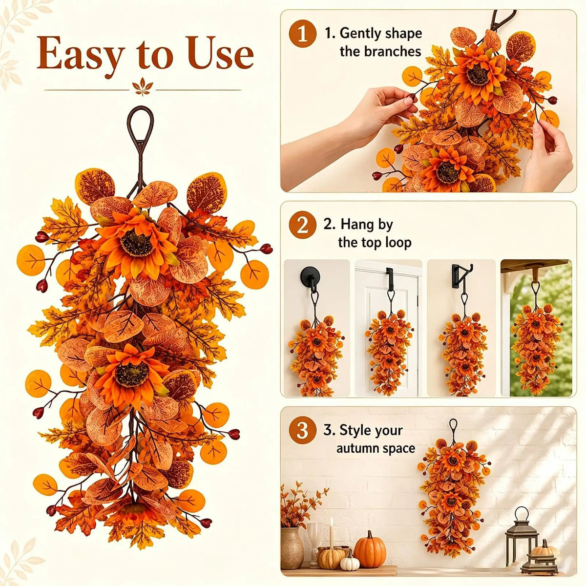 56cm Artificial Sunflower Fall Door Swag Wreath – Harvest Decor Artificial Fall Wreath PLUSH