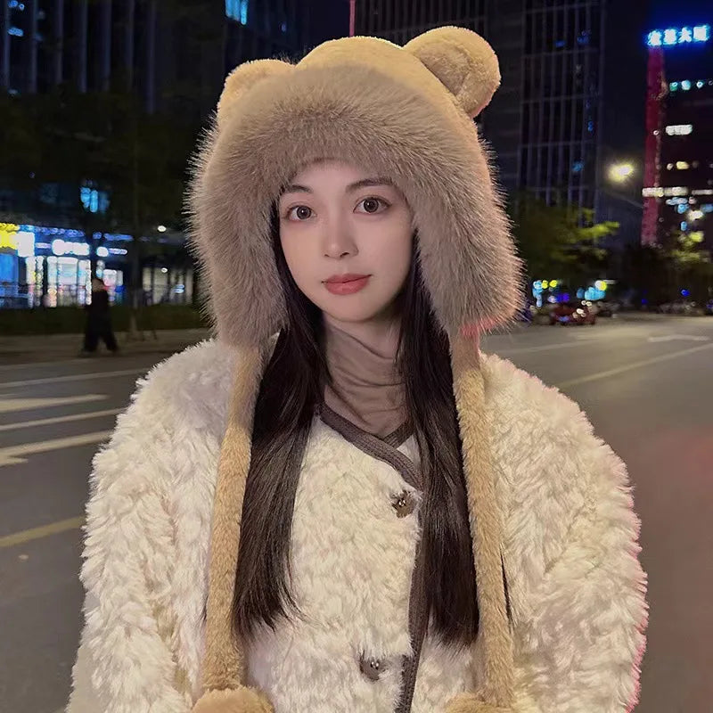Bear Plush Knit Hat & Scarf Set – Windproof Winter Ear Cover Knit Hat Scarf Set PLUSH
