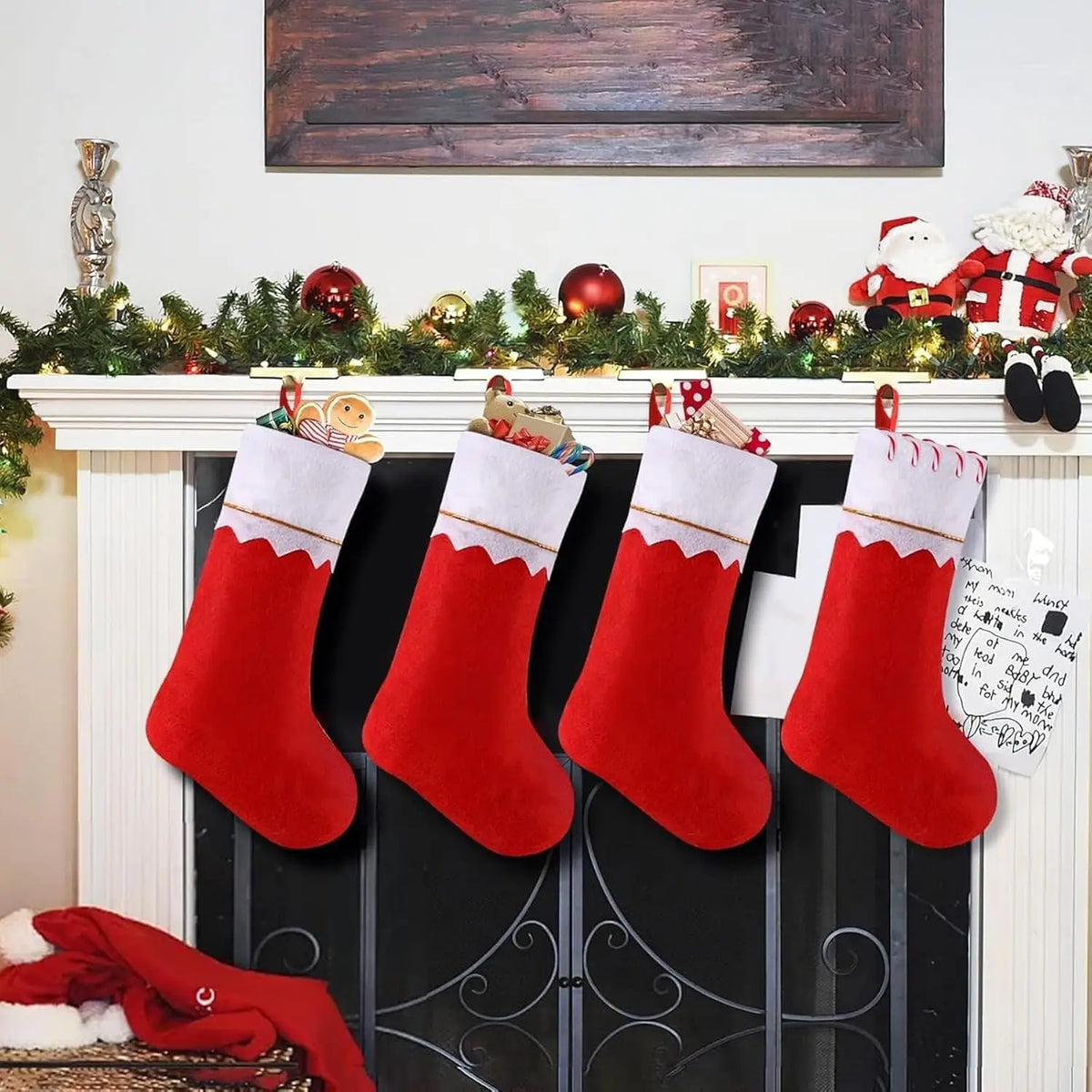 Red Plaid Christmas Stockings Set – Rustic Fireplace Décor Christmas Stockings Set PLUSH