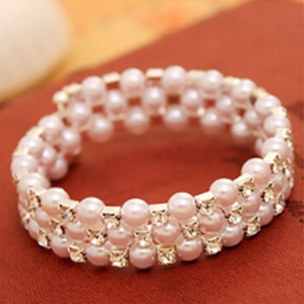 Multilayer Pearl Rhinestone Beaded Bangle Bracelet for Women Beaded Bangle Bracelet PLUSH